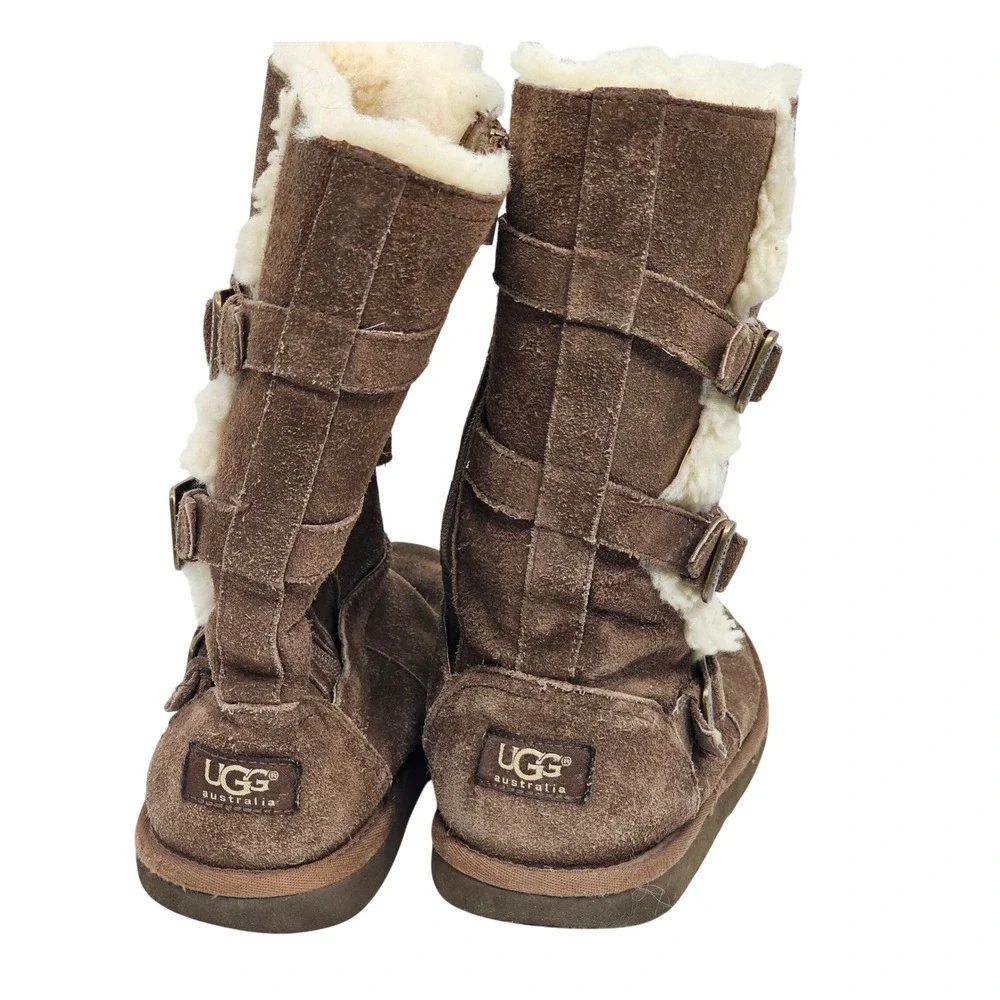 Kids UGG Australia Brown Suede Shearling‎ Lined Buckle Boots Size 3